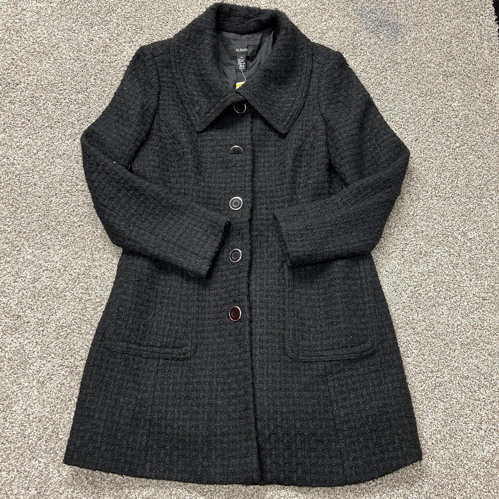 Alfani Coat Womens 14 Black Wool Tweed Single Breasted Mid Length Lined Pockets
